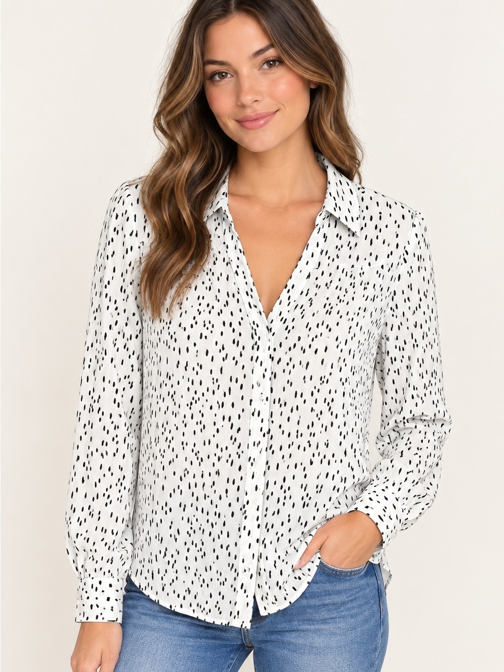 Worthington White Button-Down Shirt with Black Dot Print